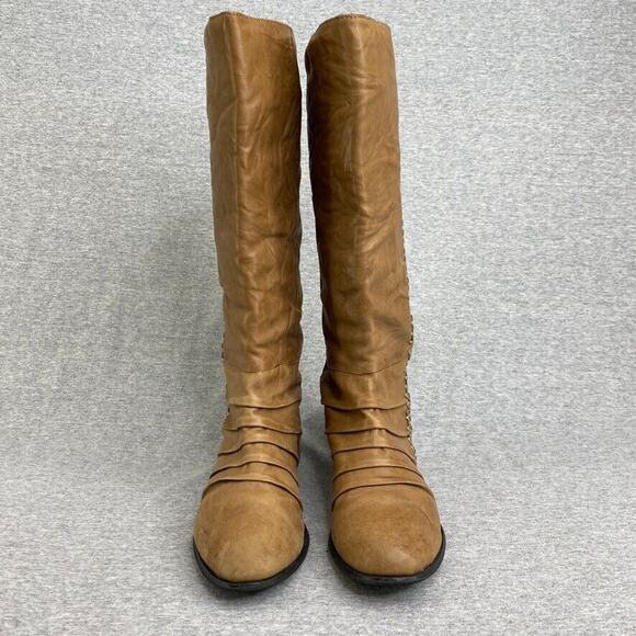 Very Volatile Boots Womens 6.5 Tan Brown Leather Riding Tall Cut Out - Picture 2 of 11